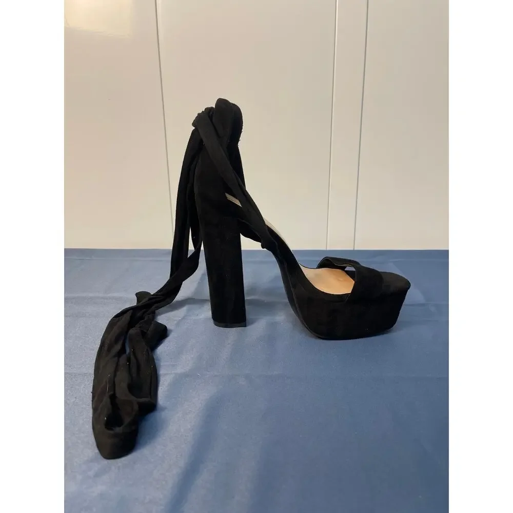 Nasty‎ Gal Lace Up Open Toe Velvet Platform Pumps Color Black Size 8 Pre-Owned